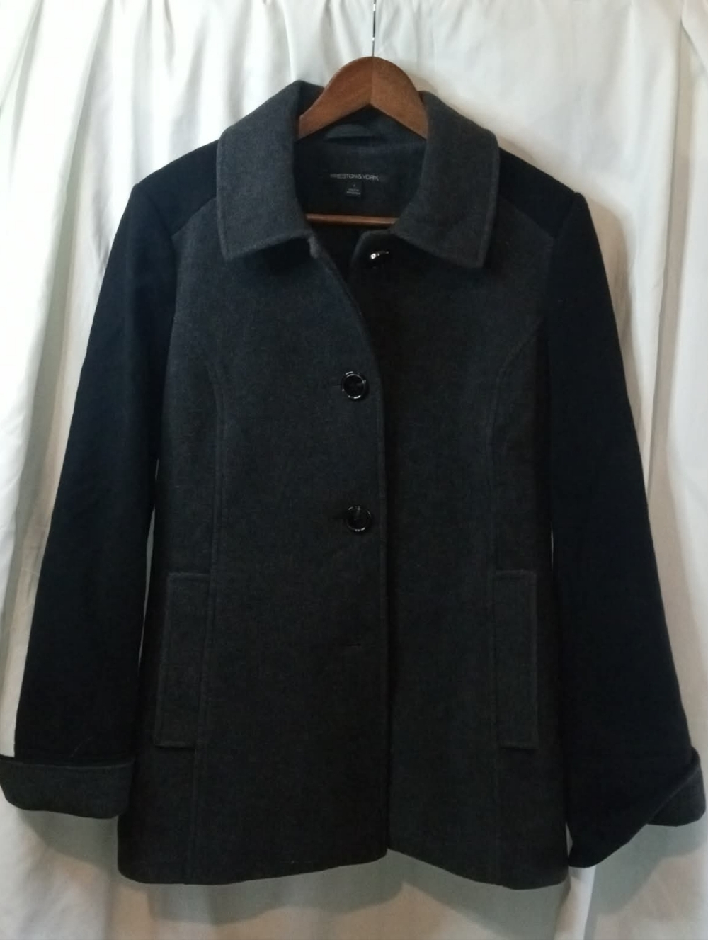 Preston & York Gray Peacoat Merino Wool Classic Academia Black Sleeves Scandi